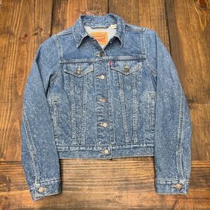 Levi Strauss Denim trucker Jacket Womens Size‎ XS Blue Speckled Acid bleach Wash
